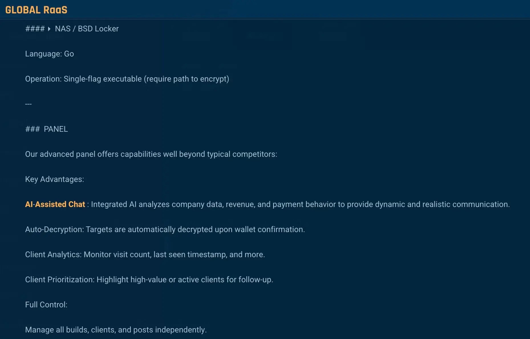 Global RaaS που προσφέρει Συνομιλία με τη βοήθεια του Ai (Πηγή - SentinelOne Labs)